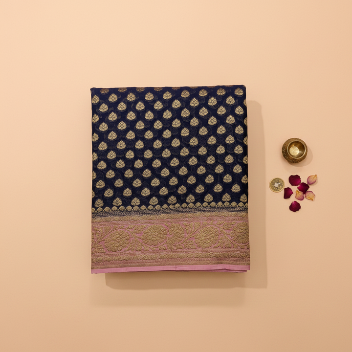 KUBERAN NAVY BLUE BANARASI KHADDI GEORGETTE SAREE
