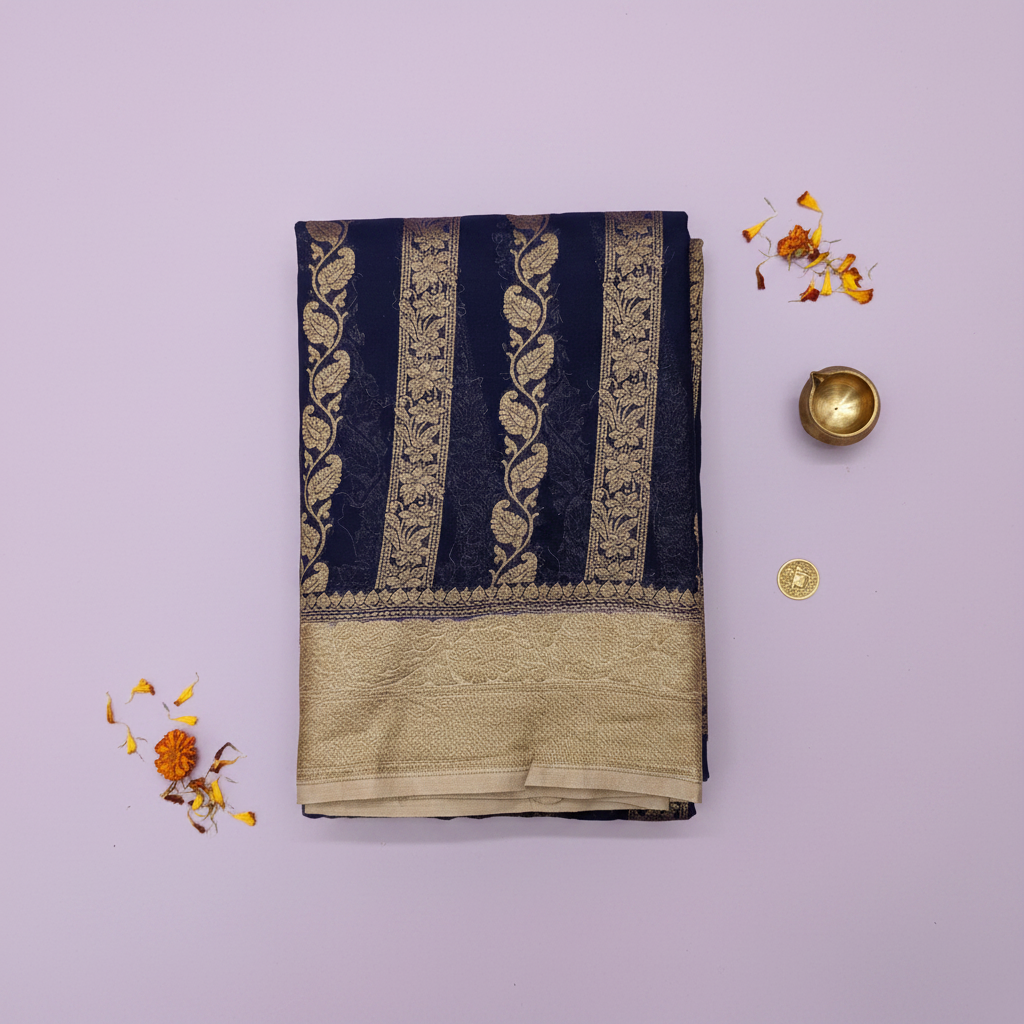 KUBERAN NAVY BLUE BANARASI KHADDI GEORGETTE SAREE