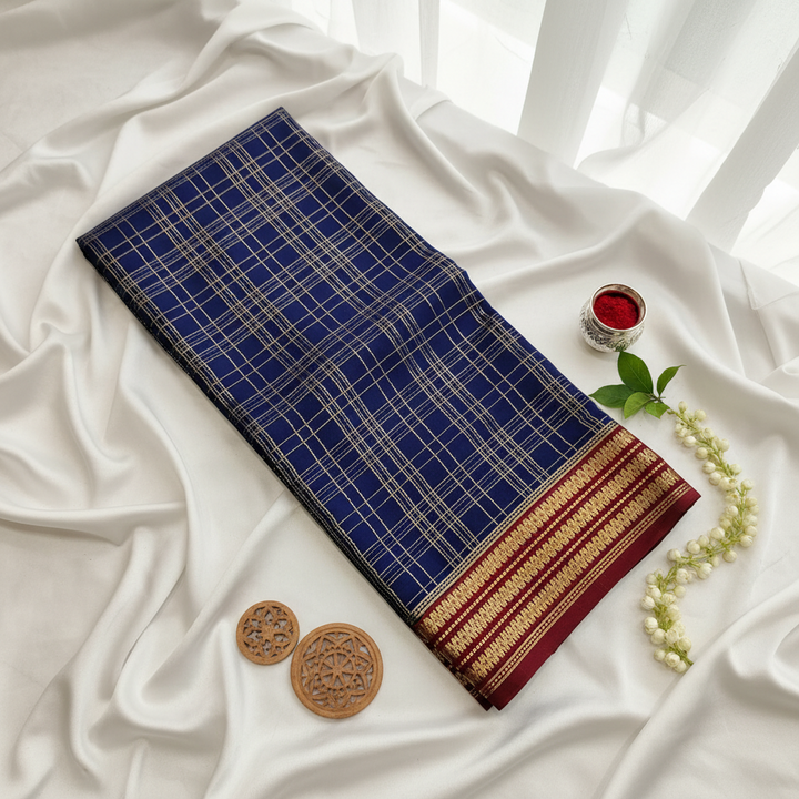 kuberan Navy Blue Checkered Mysore Silk Saree