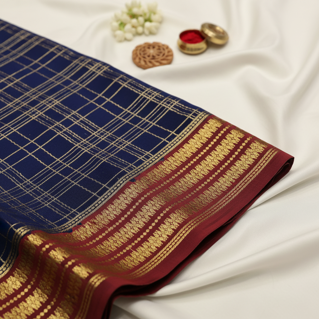 kuberan Navy Blue Checkered Mysore Silk Saree