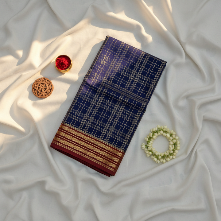 kuberan Navy Blue Checkered Mysore Silk Saree