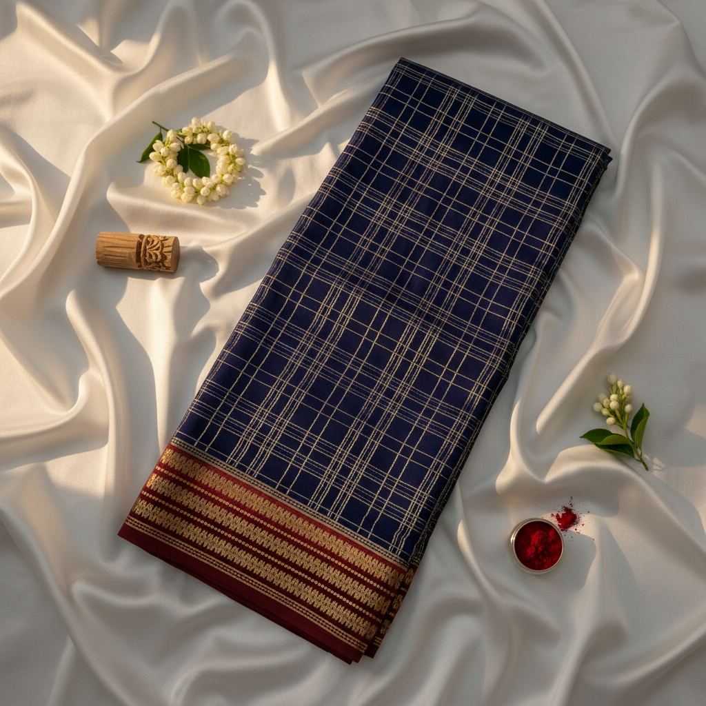 kuberan Navy Blue Checkered Mysore Silk Saree