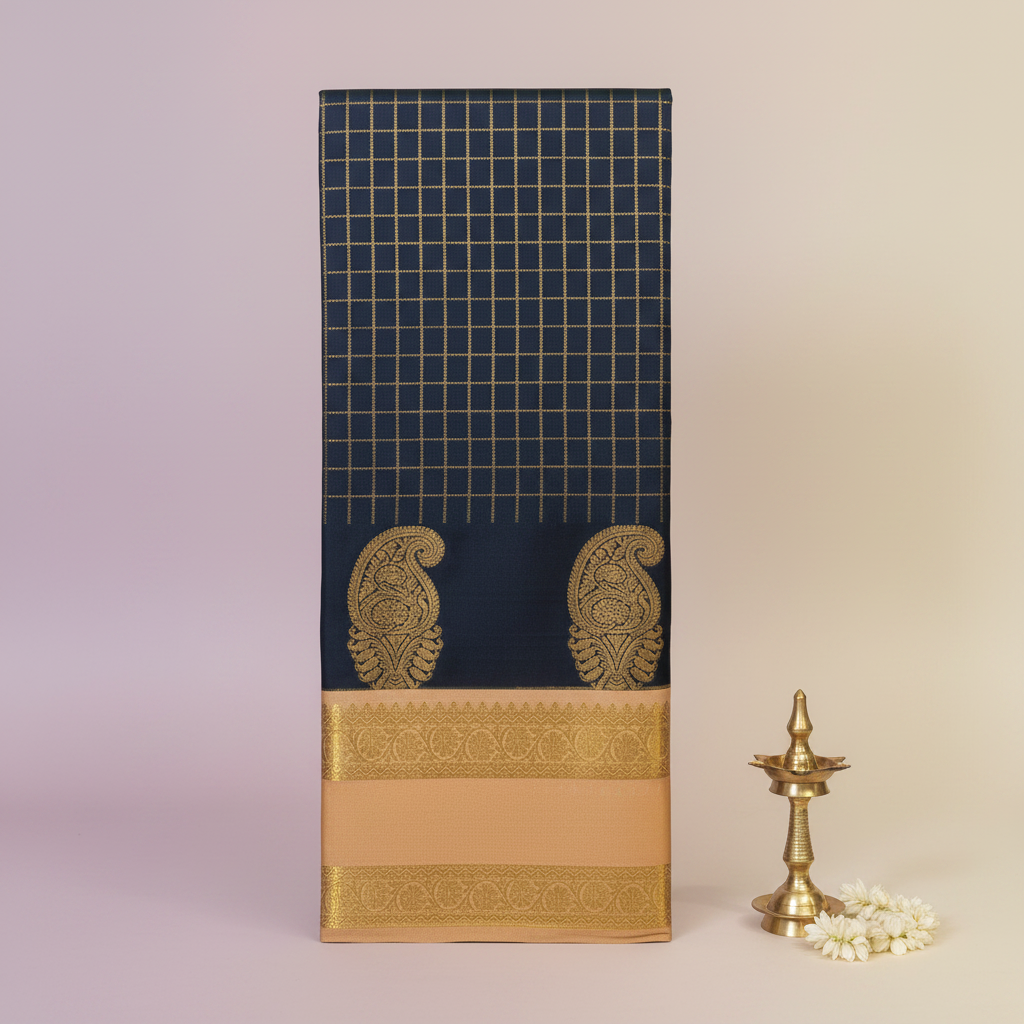 KUBERAN NAVY BLUE CHECKS WITH GOLDEN PEACH PURE SILK SAREE