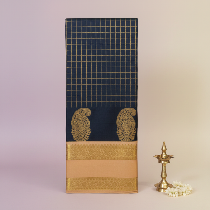 KUBERAN NAVY BLUE CHECKS WITH GOLDEN PEACH PURE SILK SAREE