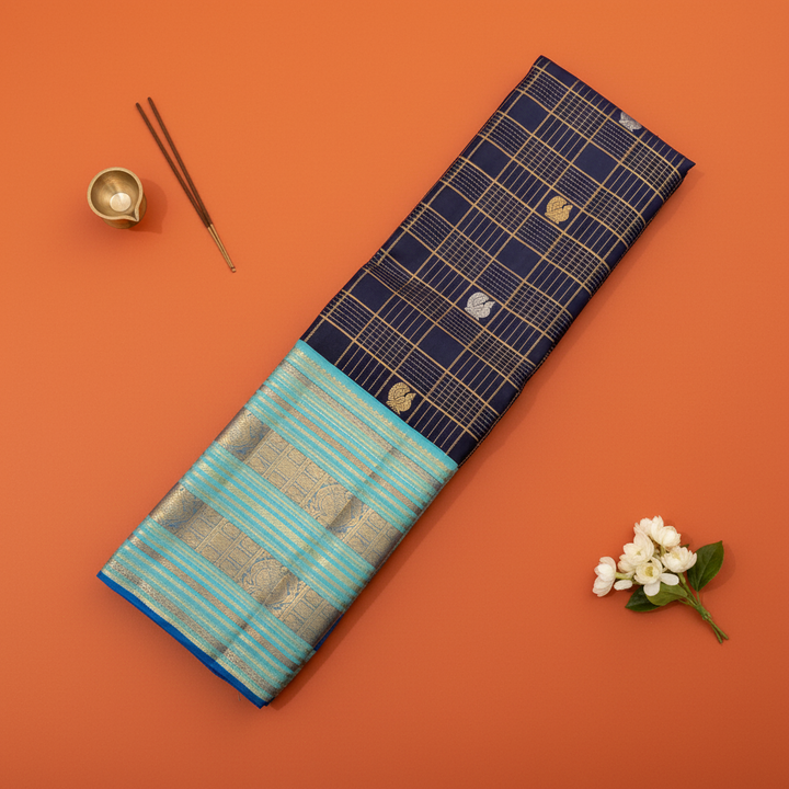 Kuberan Navy Blue Kanchipuram Silk Saree with Gold Check Pattern & Sky Blue Peacock Zari Border