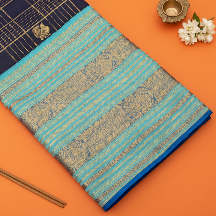 Kuberan Navy Blue Kanchipuram Silk Saree with Gold Check Pattern & Sky Blue Peacock Zari Border