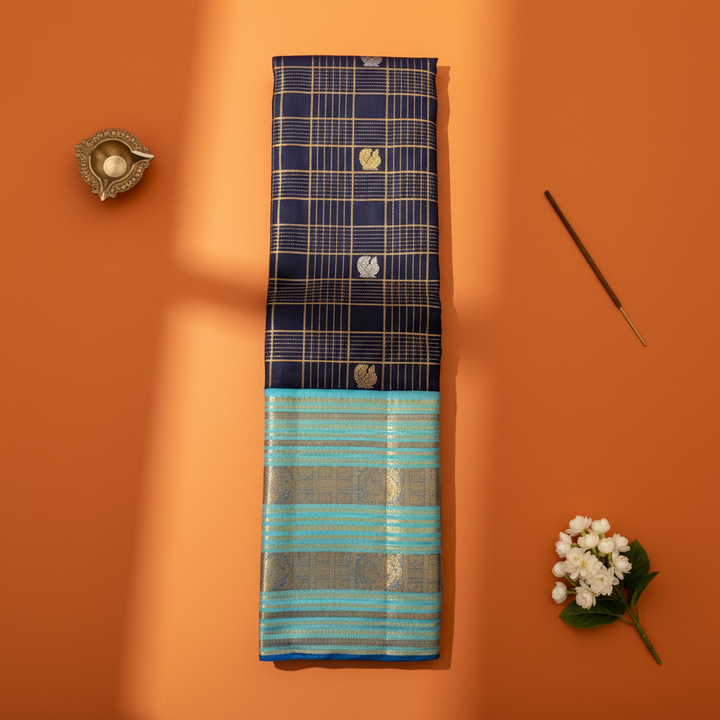 Kuberan Navy Blue Kanchipuram Silk Saree with Gold Check Pattern & Sky Blue Peacock Zari Border