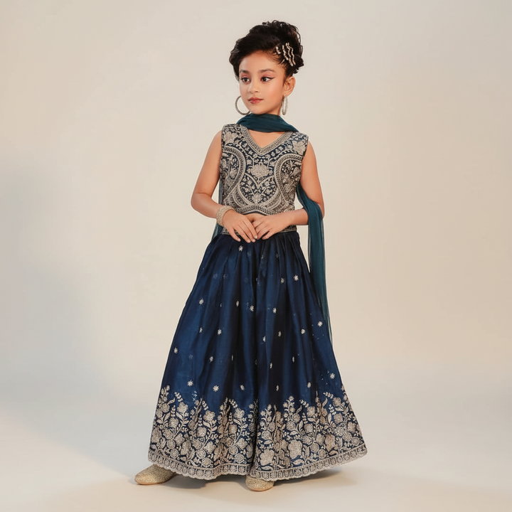 Kuberan Navy Blue Kids Embroidered Crop Top