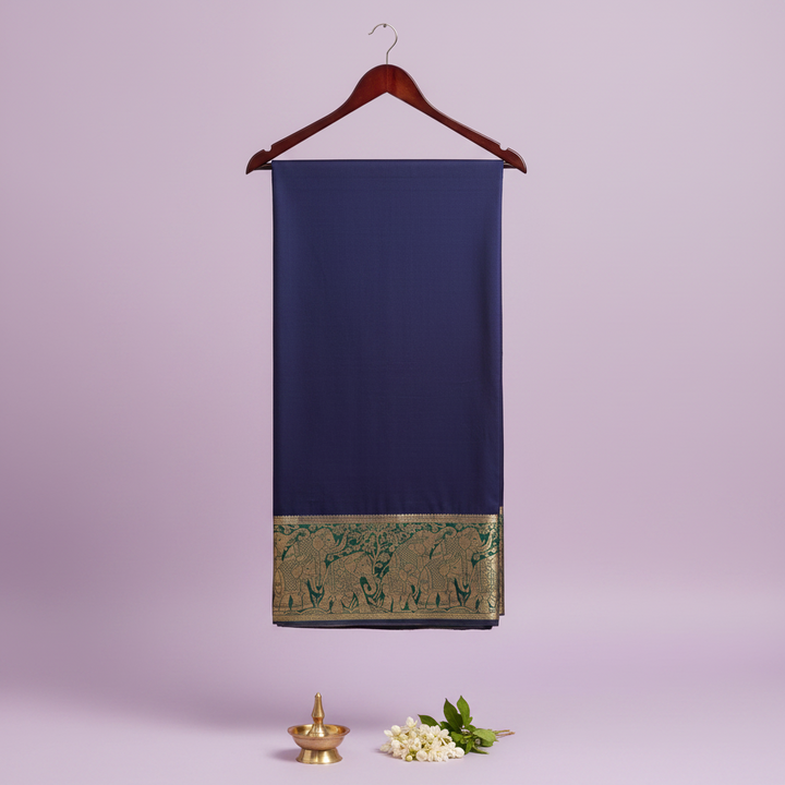 KUBERAN NAVY BLUE WITH GREEN MYSORE CREPE SILK SAREE