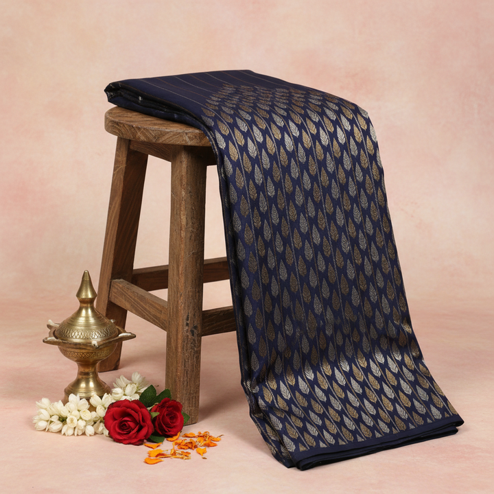 Kuberan Navy Blue Kanchipuram Silk Saree with Silver Leaf Motif