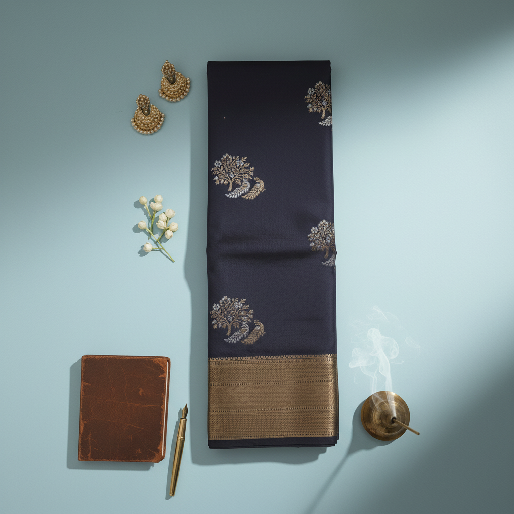 Navy blue silk saree with gold tree motifs - 2000x2000