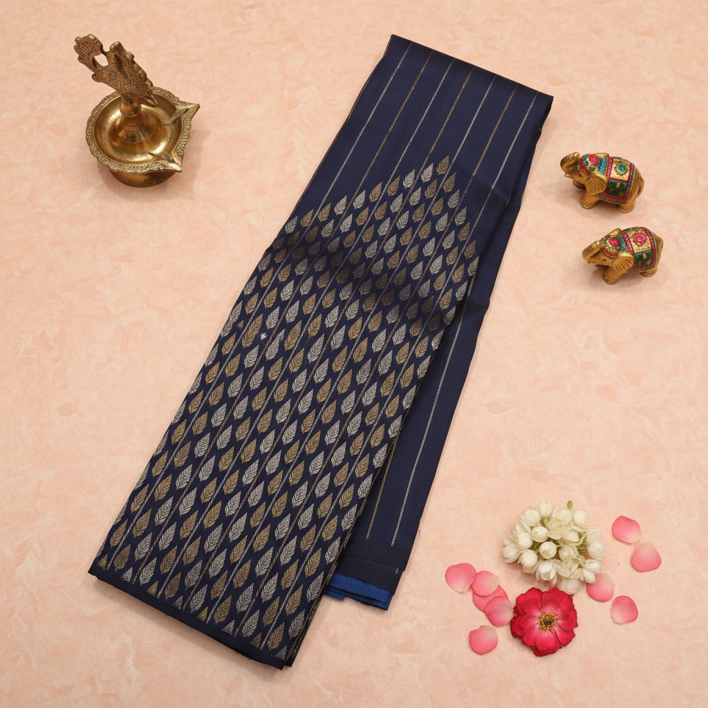 Kuberan Navy Blue Kanchipuram Silk Saree with Silver Leaf Motif