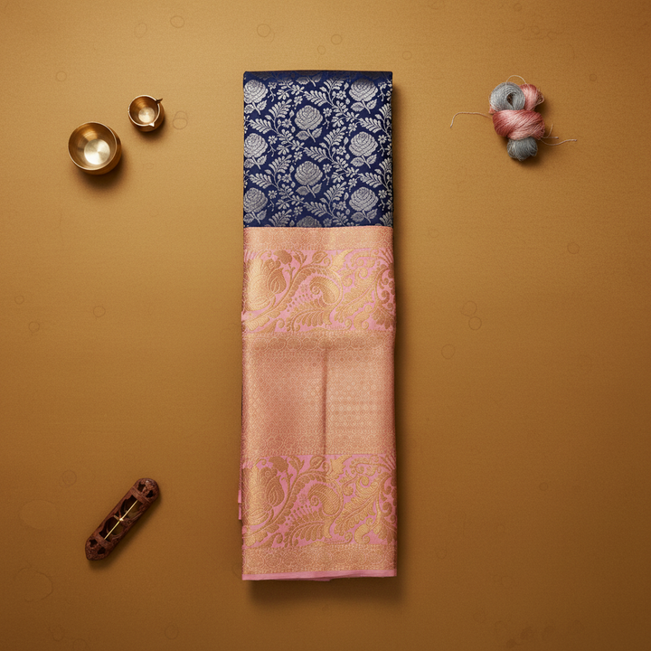 kuberan Navy Blue & Blush Pink Border Kanchipuram Silk Saree