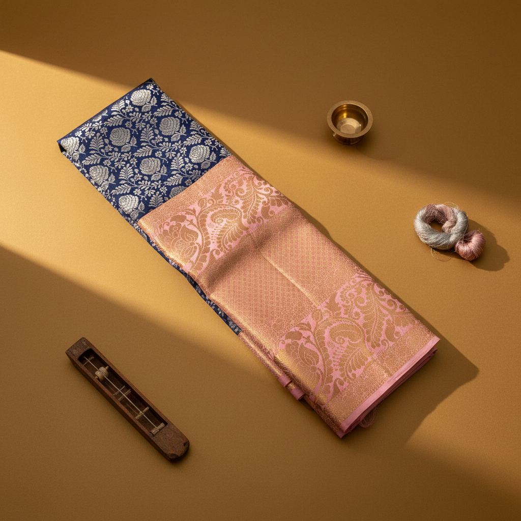 kuberan Navy Blue & Blush Pink Border Kanchipuram Silk Saree