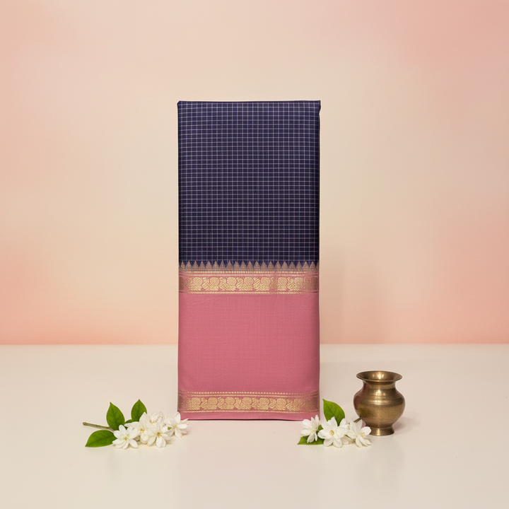 KUBERAN NAVY BLUE CHECKS WITH PINK PURE SILK SAREE