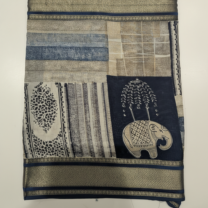 KUBERAN NAVY BLUE COTTON PRINTED SAREE