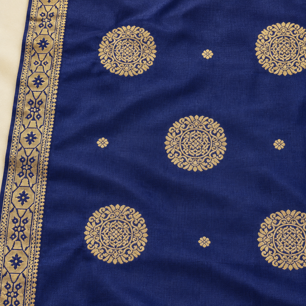 Kuberan Navy Blue and Red Pure Silk Dress Material with Gold Motifs