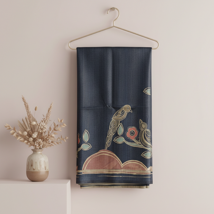 KUBERAN BLUE PRINTED RAW SILK SAREE