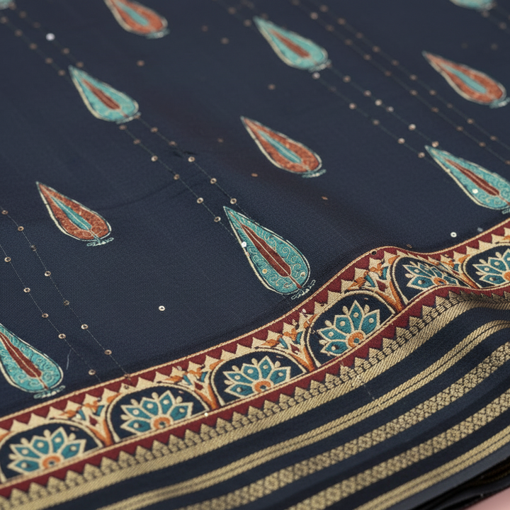 KUBERAN ROYAL BLUE MAL COTTON PRINTED SAREE