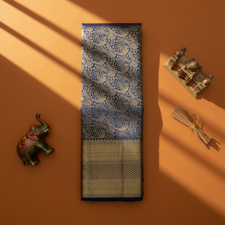 Navy blue Kanchipuram silk saree flat lay with Channapatna props