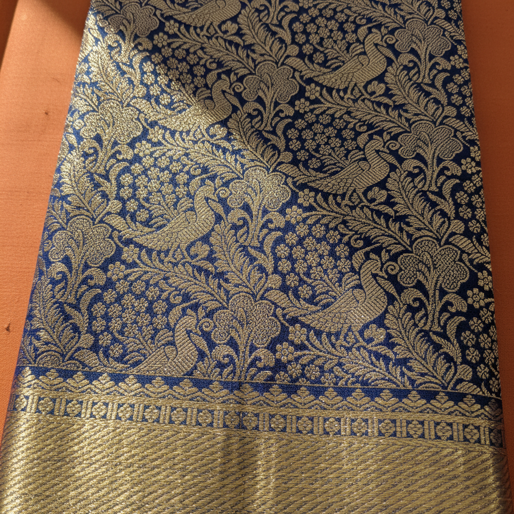 Navy blue Kanchipuram silk saree body with peacock and floral zari jaal close-up
