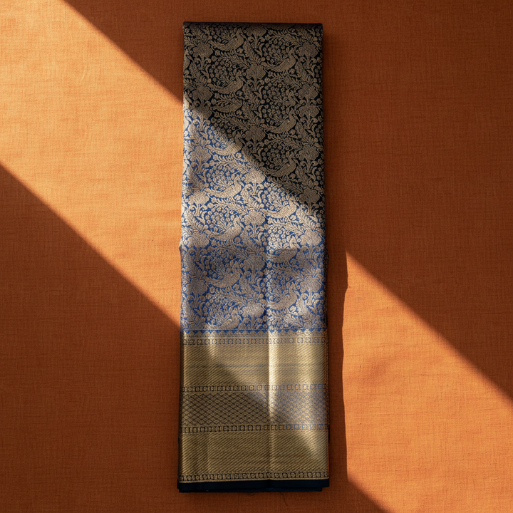 Navy blue Kanchipuram silk saree hero shot with natural light