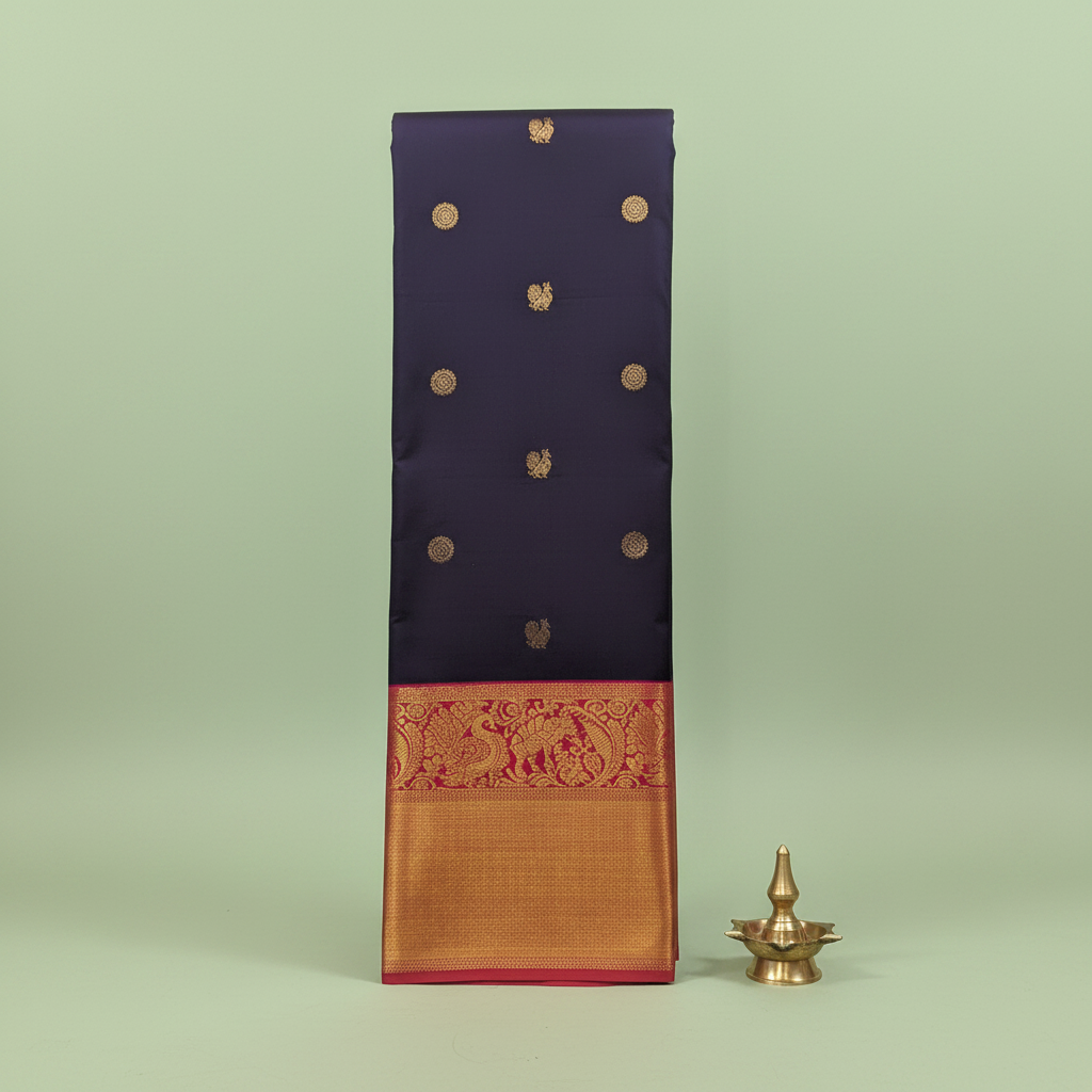 KUBERAN NAVY BLUE WITH PINK PURE KANCHIPURAM SILK SAREE