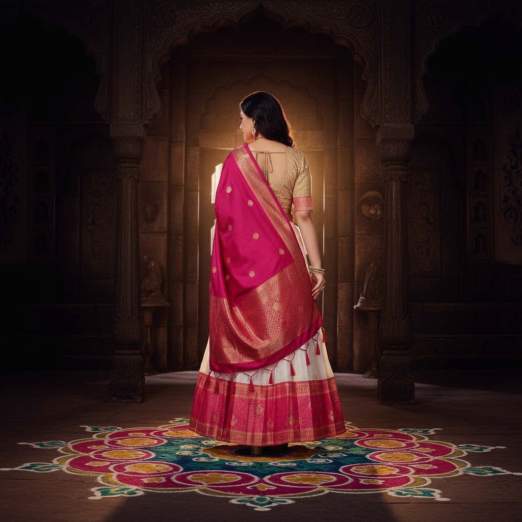 Kuberan white with pink Half Saree Art Silk