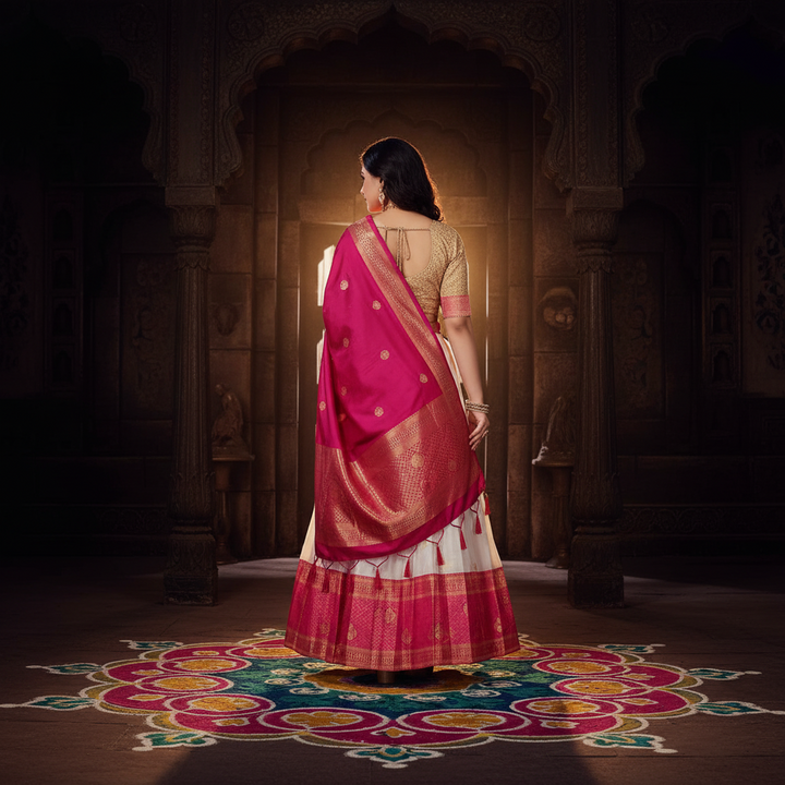Kuberan white with pink Half Saree Art Silk