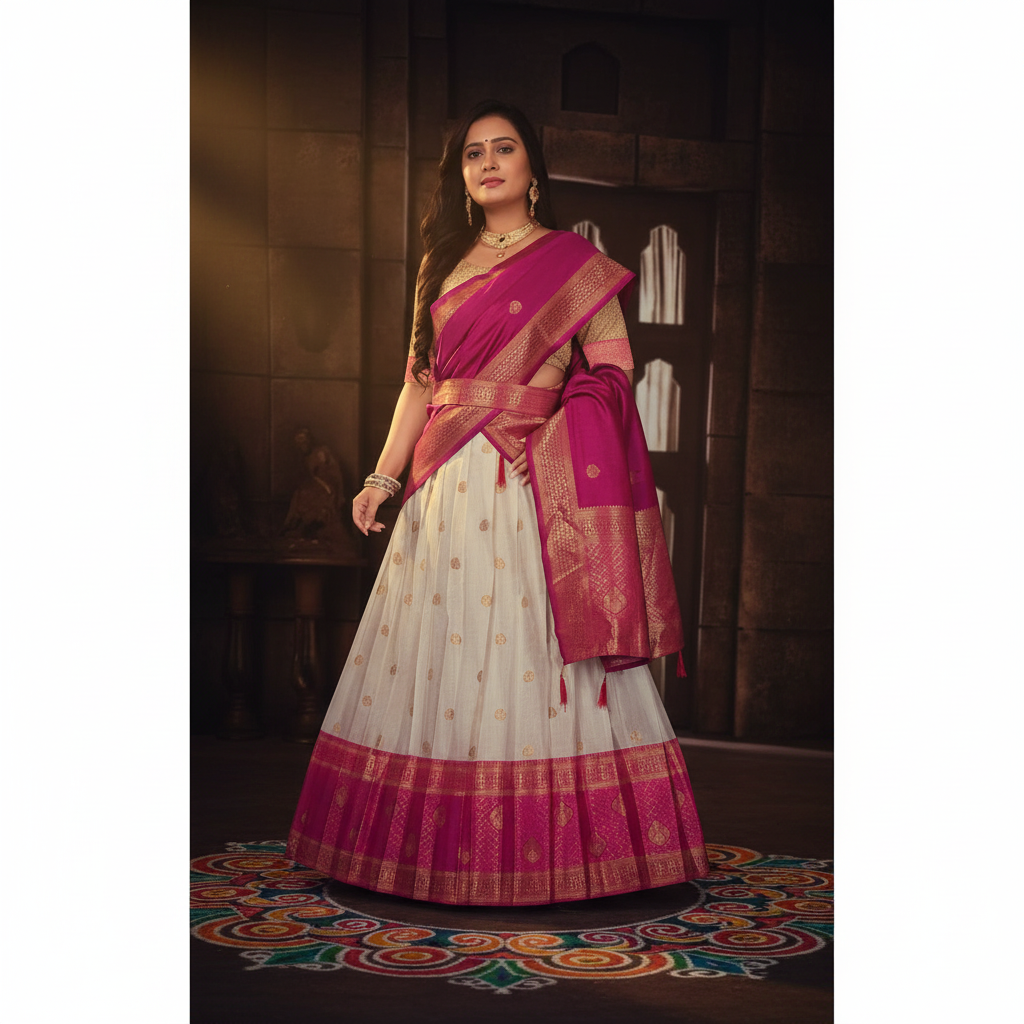 Kuberan white with pink Half Saree Art Silk