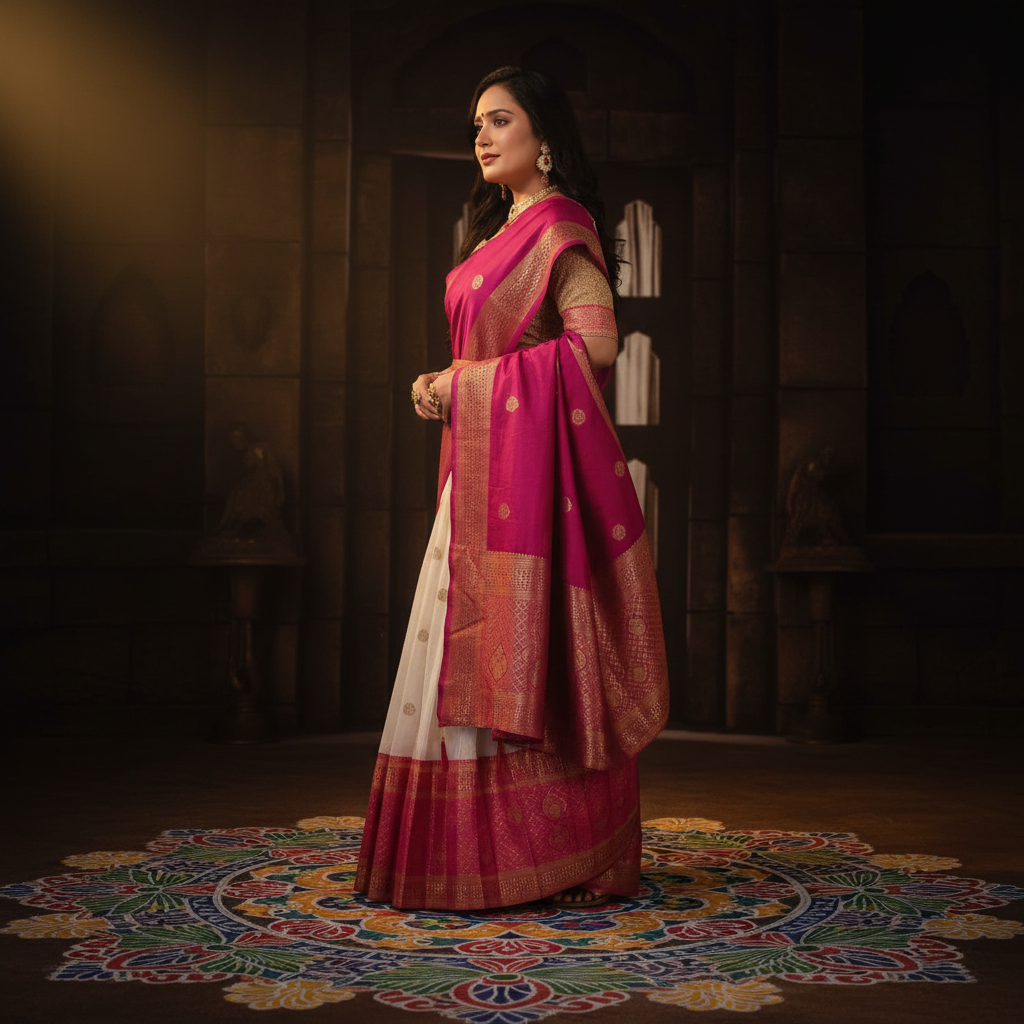 Kuberan white with pink Half Saree Art Silk