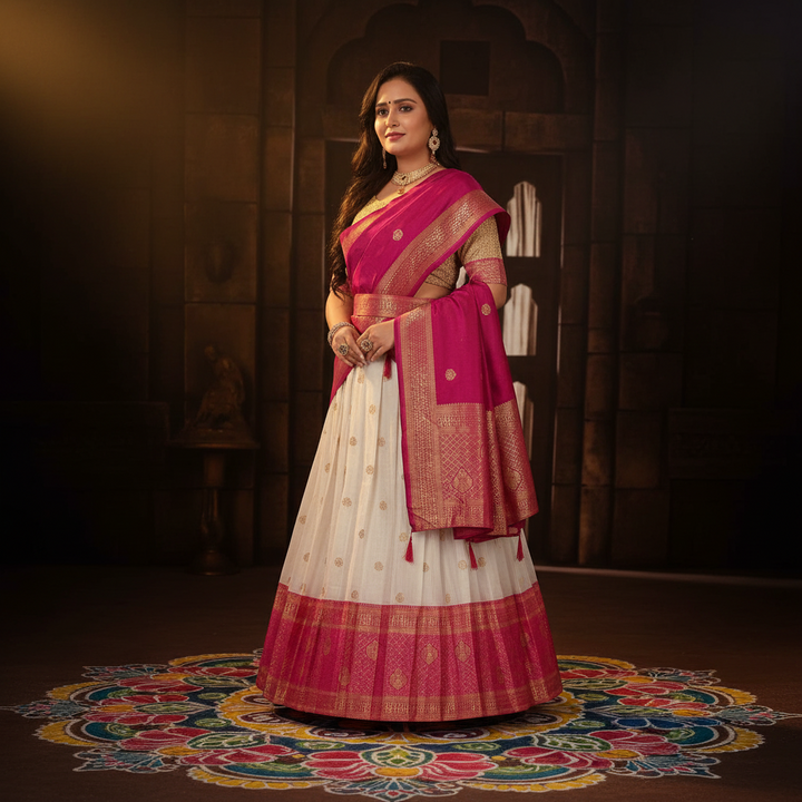 Kuberan white with pink Half Saree Art Silk