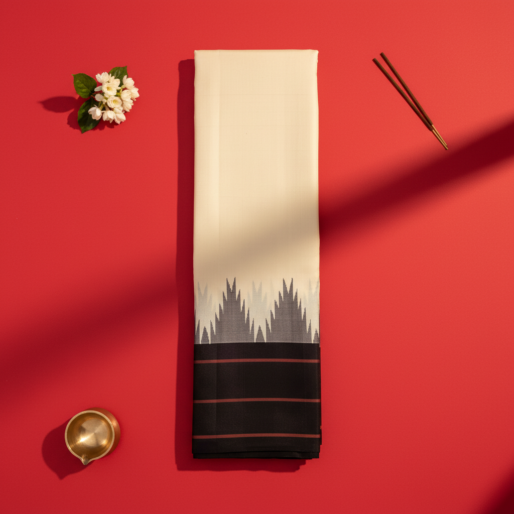 Kuberan Off White Kanchipuram Silk Saree with Black Border