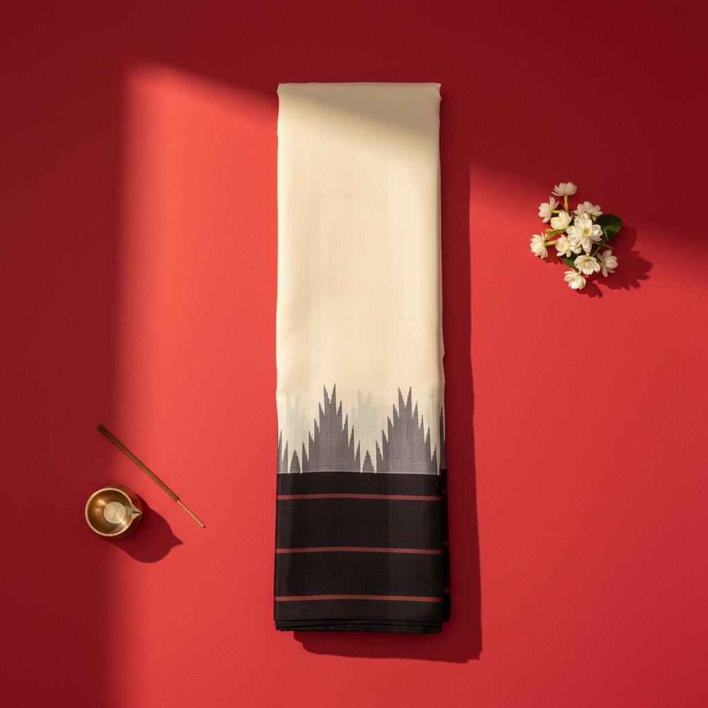 Kuberan Off White Kanchipuram Silk Saree with Black Border