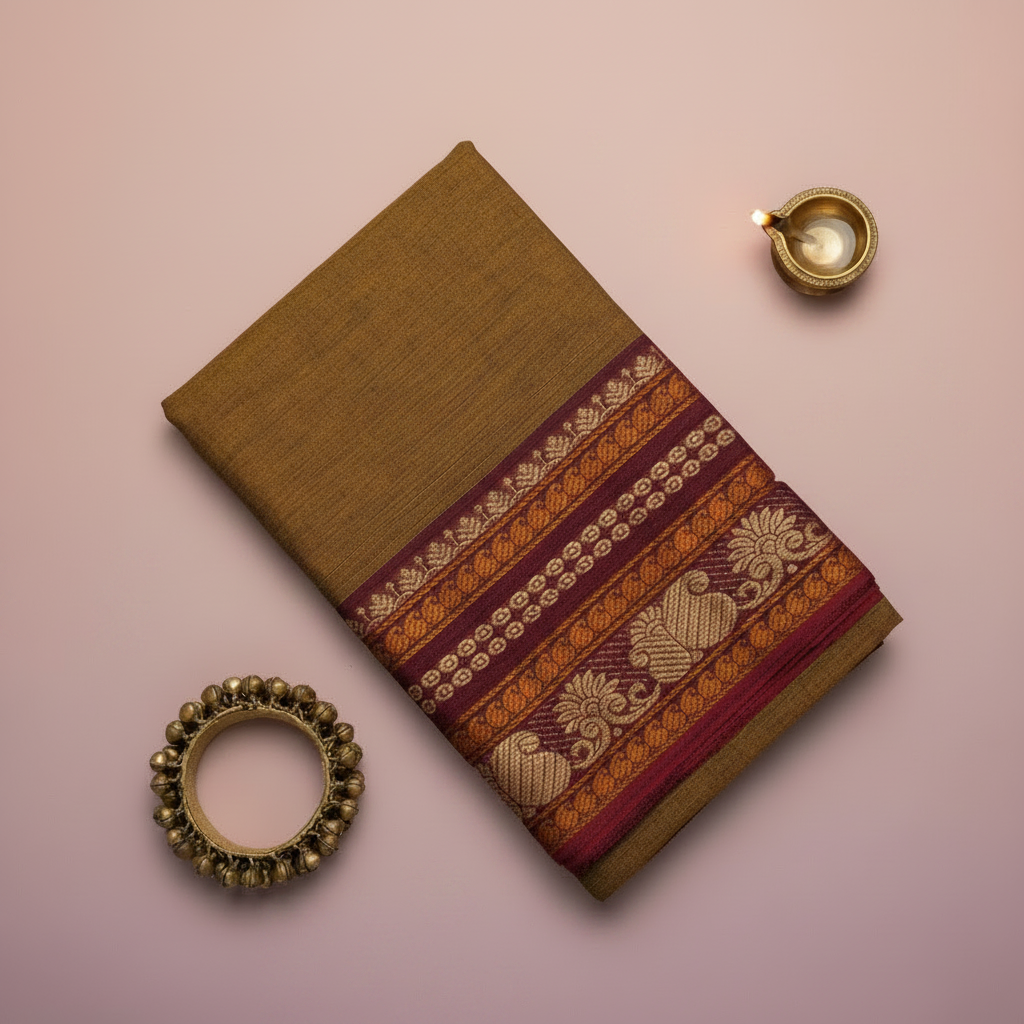 KUBERAN OLIVE BROWN COTTON DANCE PRACTICE SAREE