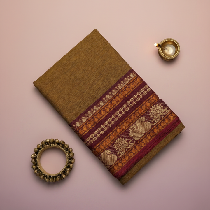 KUBERAN OLIVE BROWN COTTON DANCE PRACTICE SAREE