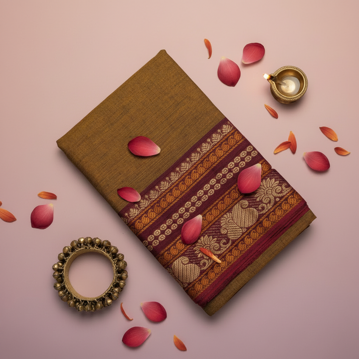 KUBERAN OLIVE BROWN COTTON DANCE PRACTICE SAREE
