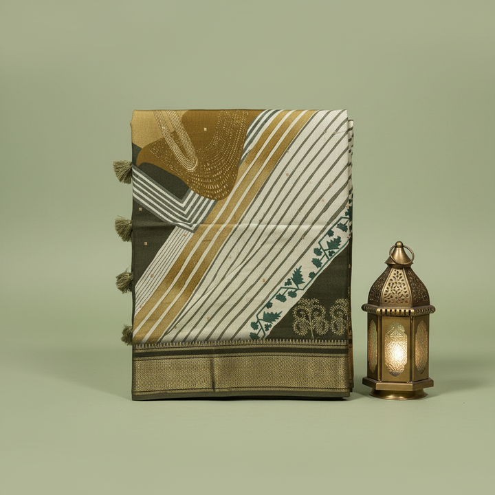 KUBERAN GREEN WHITE MAL COTTON PRINTED SAREE
