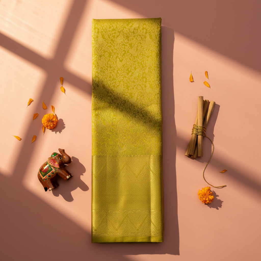 Olive green Kanchipuram silk saree flat lay with Channapatna elephant and sandalwood sticks