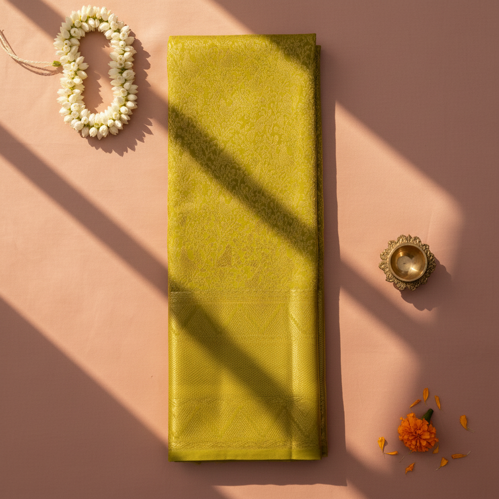 Olive green Kanchipuram silk saree flat lay with jasmine garland and diya