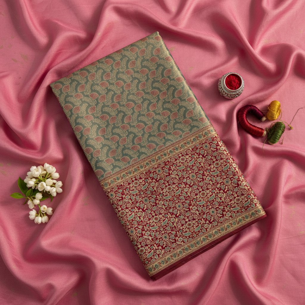 kuberan Olive Green Kanchipuram Silk Saree with Maroon Floral and Peacock Border