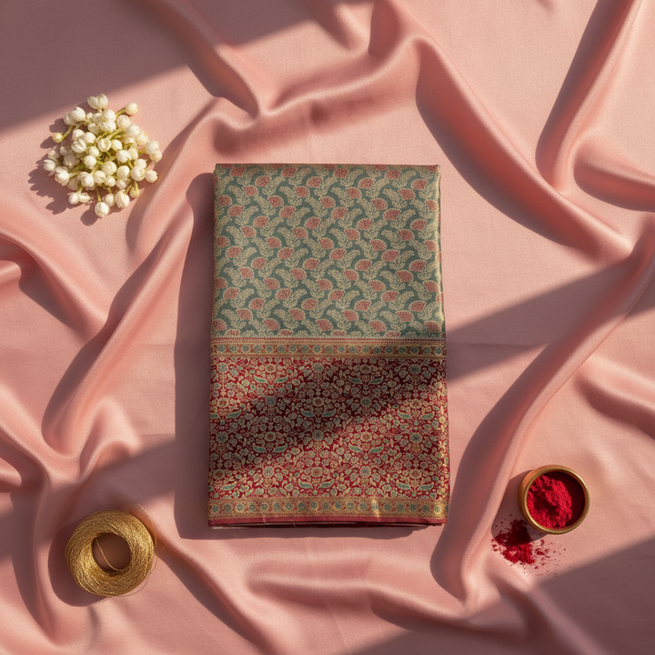 kuberan Olive Green Kanchipuram Silk Saree with Maroon Floral and Peacock Border