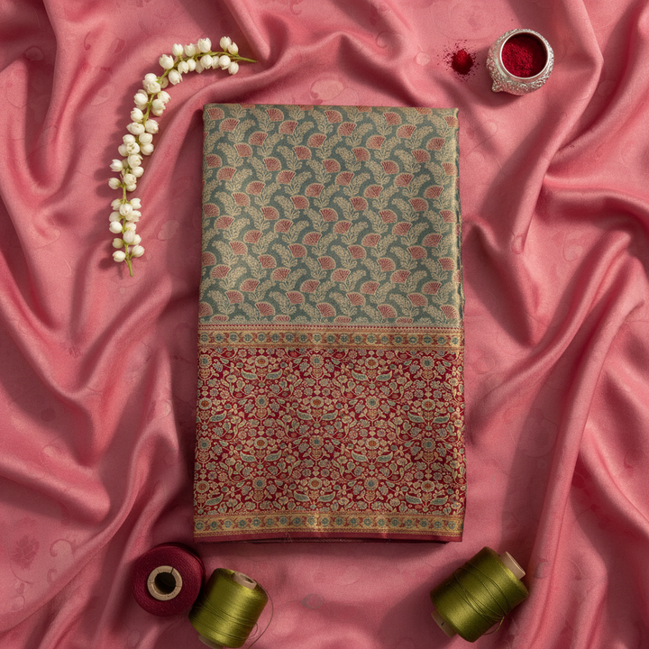 kuberan Olive Green Kanchipuram Silk Saree with Maroon Floral and Peacock Border