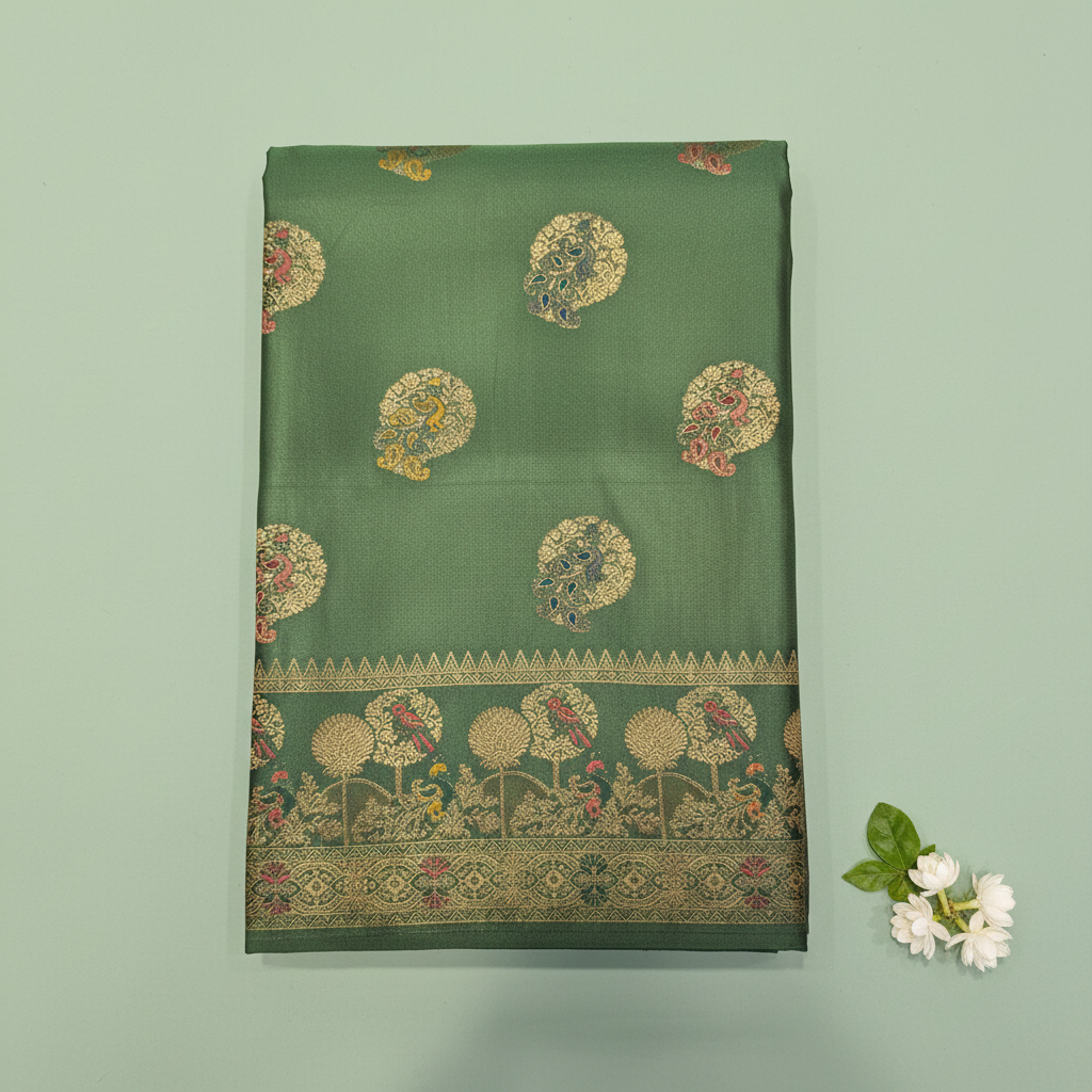 KUBERAN GREEN MASHRU SEMI BANARASI SILK SAREE