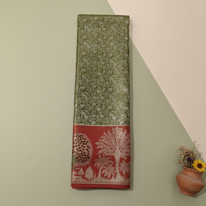 KUBERAN OLIVE GREEN BROCADE SEMI SILK SAREE