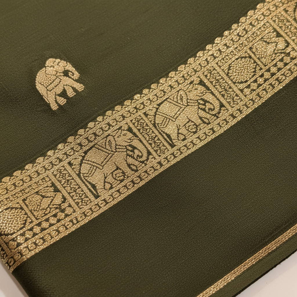 kuberan Olive Green Mysore Silk Saree with airavat Motifs