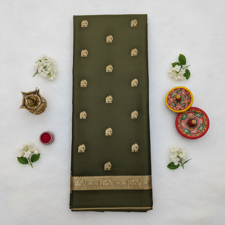 kuberan Olive Green Mysore Silk Saree with airavat Motifs