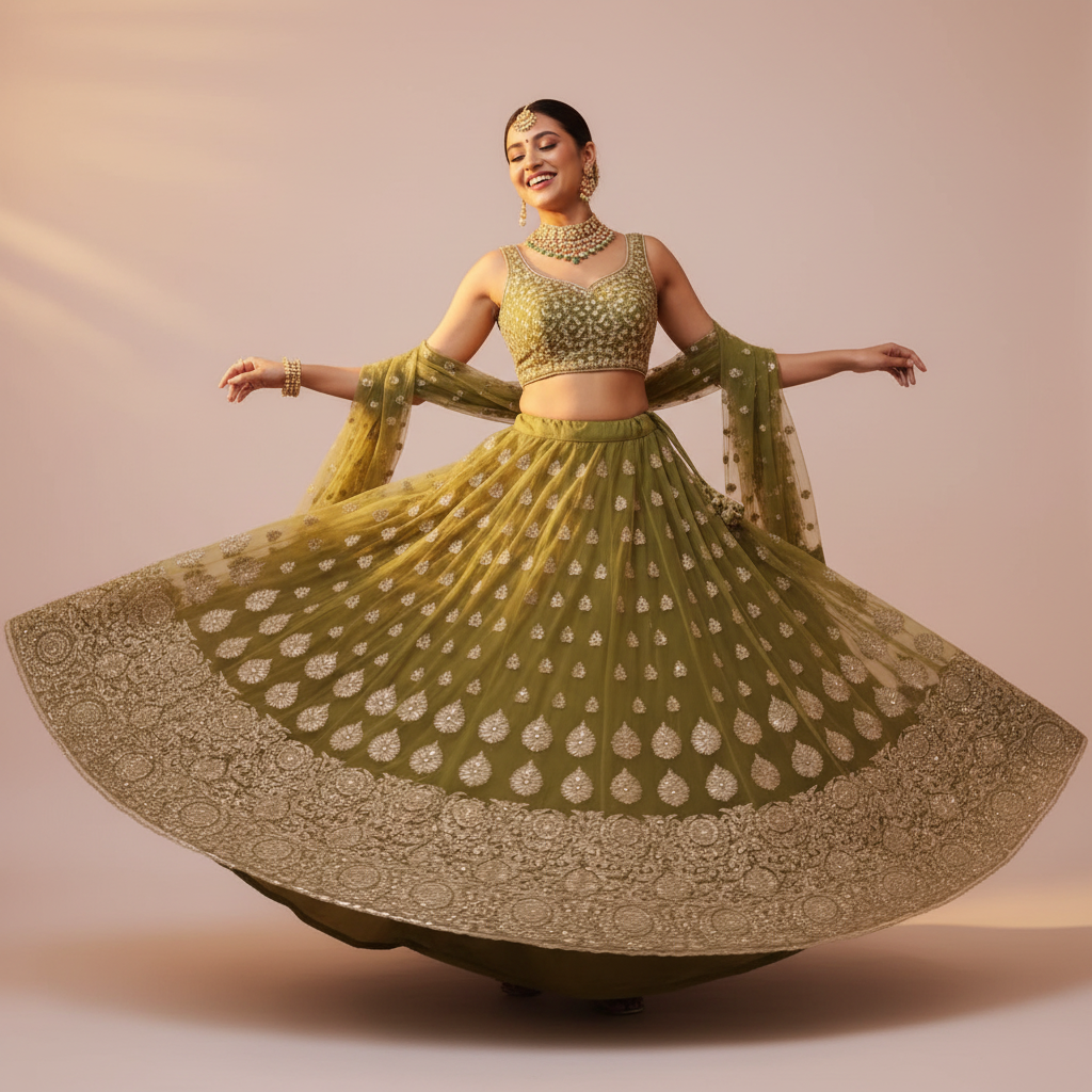 KUberan Olive Green Buti Embroidered Bridal Lehenga unstitched