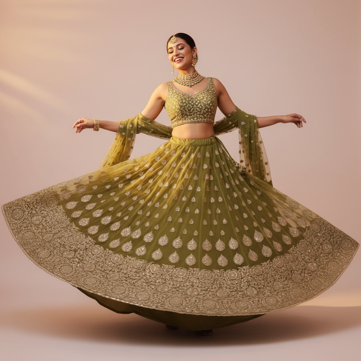 KUberan Olive Green Buti Embroidered Bridal Lehenga unstitched