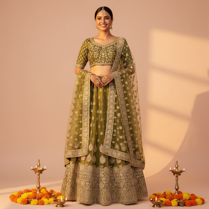 KUberan Olive Green Buti Embroidered Bridal Lehenga unstitched